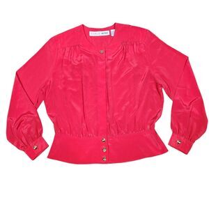 Vintage 1980s Red‎ Blouse Top Balloon Sleeve Gold Buttons Retro Size 14 Large